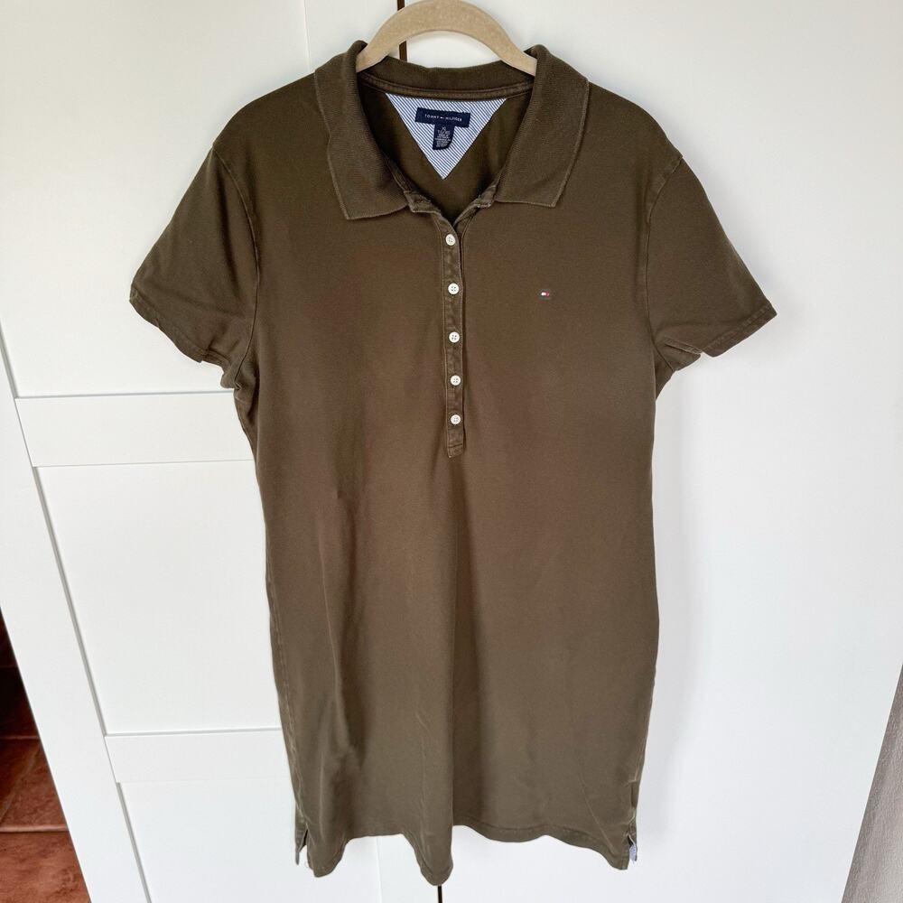 Tommy Hilfiger Polo Dress Womens XL Olive‎ Green Short Sleeve Button Up